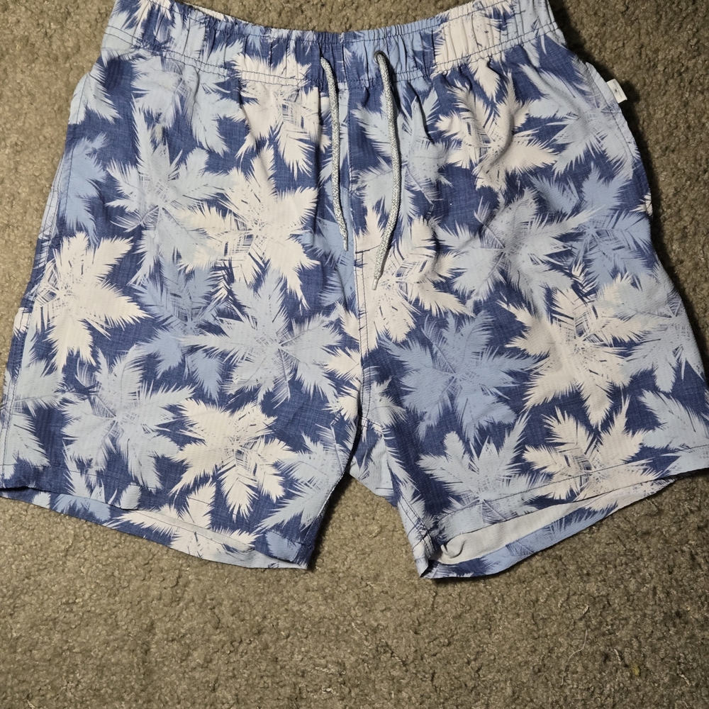 Men's Blue Palm-Print Swim Trunks with Drawstring